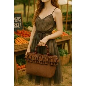 Vintage Beryl's Belts Brown‎ Ruffled To Market Handbag Cottage Core Grandma Vibe